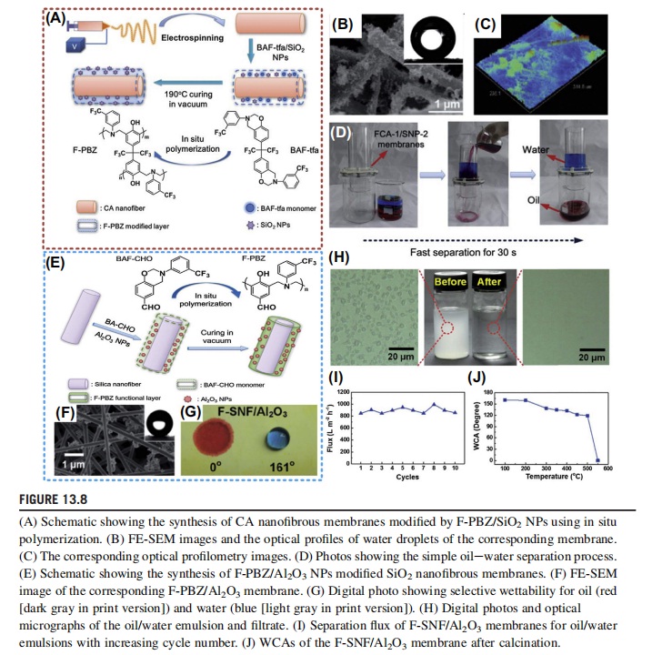 Schematic showing the synthesis of CA nanofibrous membranes modified by F-PBZ/SiO2 NPs using in situ polymerization.