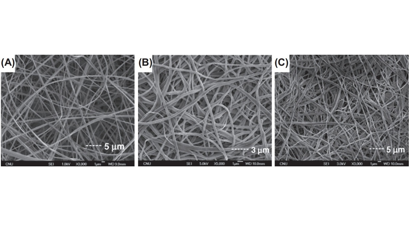 Scanning electron microscopy images of (A) CA nanofibers electrospun from 17 wt% CA solution in a mixture of acetic acid/water at a ratio of 75:25. Afterward CA nanofibers were deacetylated using (B) 0.5 M NaOH aqueous solution and (C) 0.5 M KOH/ethanol solution. CA, cellulose acetate.